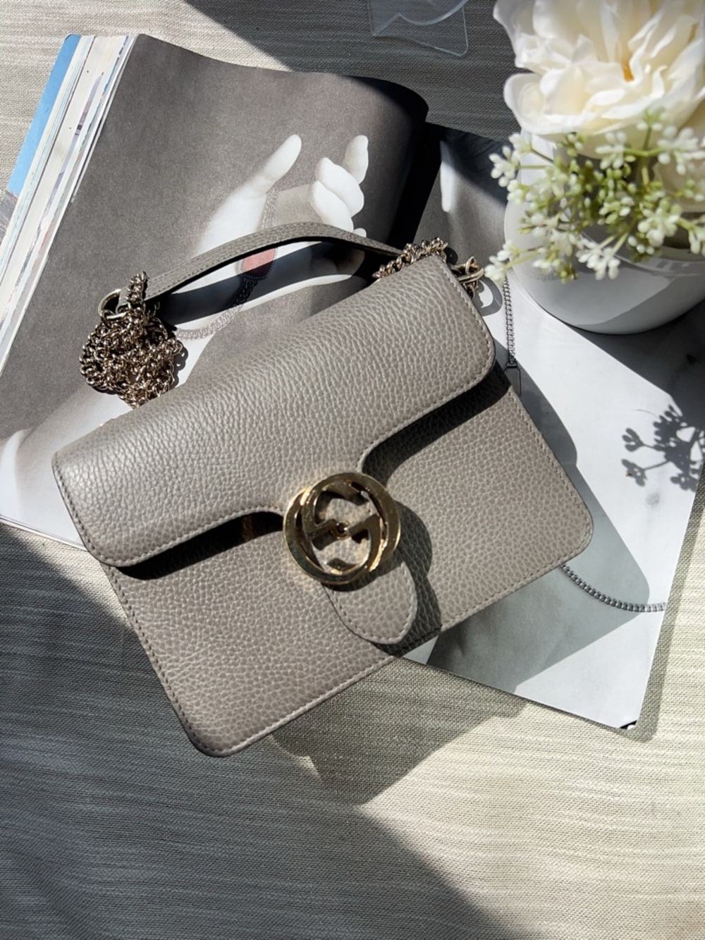 Gucci Grey Dollar Leather Interlocking GG Top Handle Bag